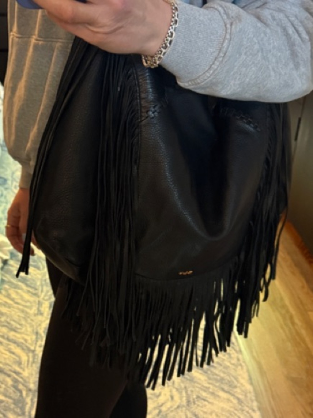 Lauren Ralph Lauren Black Leather Fringe Hobo Bag - Picture 6 of 7